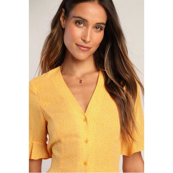 Lulus Castana Mustard Yellow Button-Up Dress With Ruffle Sleeves & Tie Back XL - Picture 15 of 16